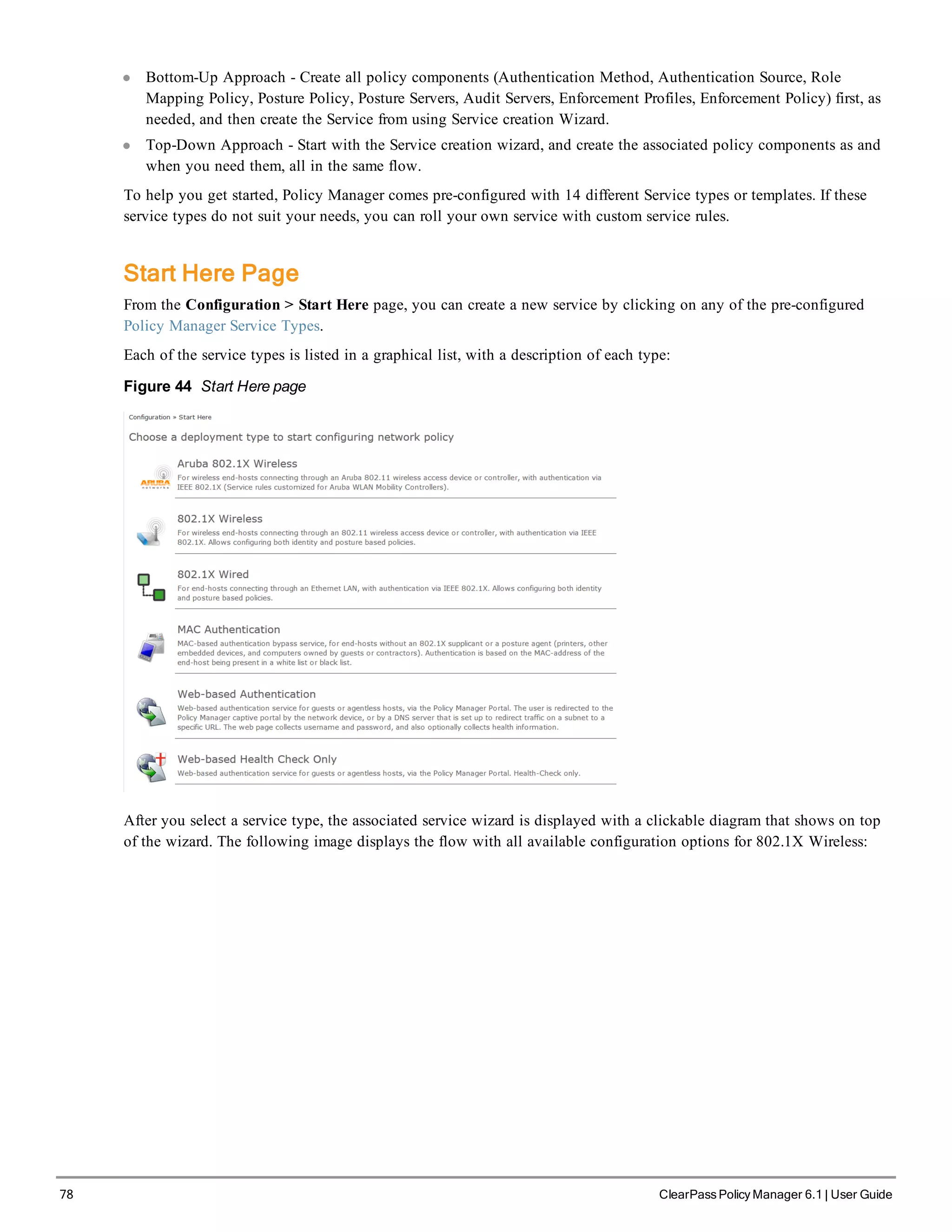78 ClearPass Policy Manager 6.1 | User Guide
l Bottom-Up Approach - Create all policy components (Authentication Method, Authentication Source, Role
Mapping Policy, Posture Policy, Posture Servers, Audit Servers, Enforcement Profiles, Enforcement Policy) first, as
needed, and then create the Service from using Service creation Wizard.
l Top-Down Approach - Start with the Service creation wizard, and create the associated policy components as and
when you need them, all in the same flow.
To help you get started, Policy Manager comes pre-configured with 14 different Service types or templates. If these
service types do not suit your needs, you can roll your own service with custom service rules.
Start Here Page
From the Configuration > Start Here page, you can create a new service by clicking on any of the pre-configured
Policy Manager Service Types.
Each of the service types is listed in a graphical list, with a description of each type:
Figure 44 Start Here page
After you select a service type, the associated service wizard is displayed with a clickable diagram that shows on top
of the wizard. The following image displays the flow with all available configuration options for 802.1X Wireless:
 