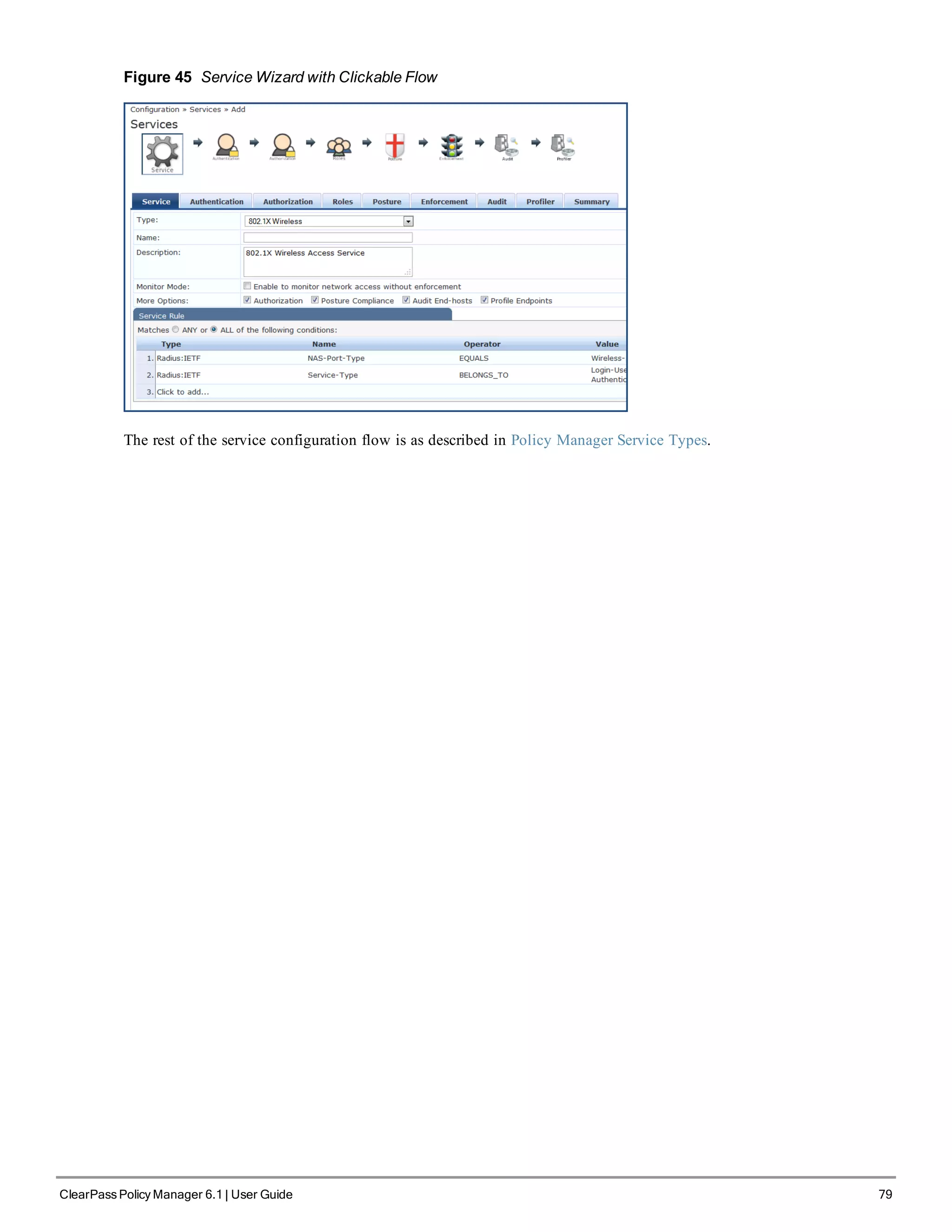 Figure 45 Service Wizard with Clickable Flow
The rest of the service configuration flow is as described in Policy Manager Service Types.
ClearPass Policy Manager 6.1 | User Guide 79
 