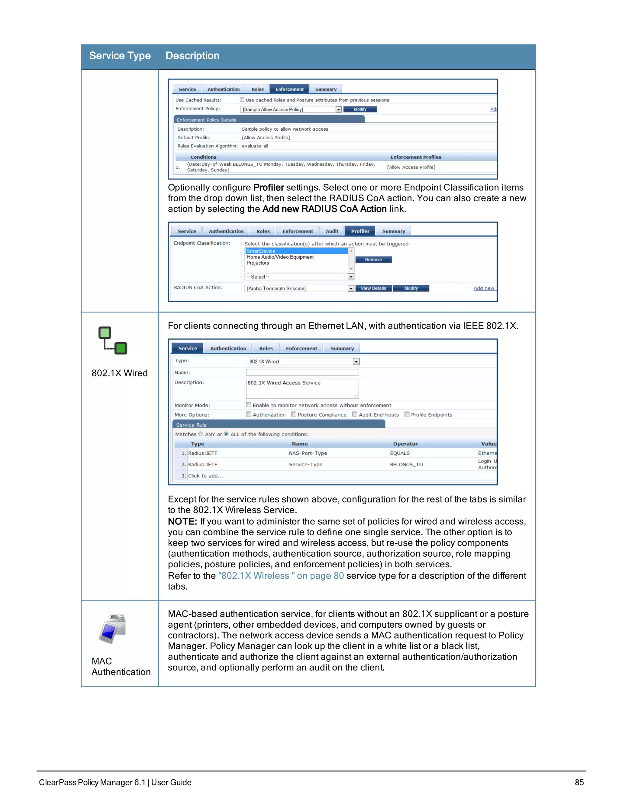 Service Type Description
Optionally configure Profiler settings. Select one or more Endpoint Classification items
from the drop down list, then select the RADIUS CoA action. You can also create a new
action by selecting the Add new RADIUS CoA Action link.
802.1X Wired
For clients connecting through an Ethernet LAN, with authentication via IEEE 802.1X.
Except for the service rules shown above, configuration for the rest of the tabs is similar
to the 802.1X Wireless Service.
NOTE: If you want to administer the same set of policies for wired and wireless access,
you can combine the service rule to define one single service. The other option is to
keep two services for wired and wireless access, but re-use the policy components
(authentication methods, authentication source, authorization source, role mapping
policies, posture policies, and enforcement policies) in both services.
Refer to the "802.1X Wireless " on page 80 service type for a description of the different
tabs.
MAC
Authentication
MAC-based authentication service, for clients without an 802.1X supplicant or a posture
agent (printers, other embedded devices, and computers owned by guests or
contractors). The network access device sends a MAC authentication request to Policy
Manager. Policy Manager can look up the client in a white list or a black list,
authenticate and authorize the client against an external authentication/authorization
source, and optionally perform an audit on the client.
ClearPass Policy Manager 6.1 | User Guide 85
 