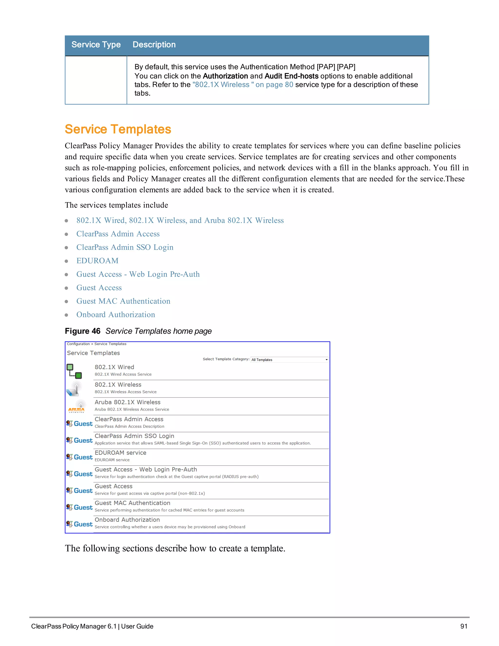 Service Type Description
By default, this service uses the Authentication Method [PAP] [PAP]
You can click on the Authorization and Audit End-hosts options to enable additional
tabs. Refer to the "802.1X Wireless " on page 80 service type for a description of these
tabs.
Service Templates
ClearPass Policy Manager Provides the ability to create templates for services where you can define baseline policies
and require specific data when you create services. Service templates are for creating services and other components
such as role-mapping policies, enforcement policies, and network devices with a fill in the blanks approach. You fill in
various fields and Policy Manager creates all the different configuration elements that are needed for the service.These
various configuration elements are added back to the service when it is created.
The services templates include
l 802.1X Wired, 802.1X Wireless, and Aruba 802.1X Wireless
l ClearPass Admin Access
l ClearPass Admin SSO Login
l EDUROAM
l Guest Access - Web Login Pre-Auth
l Guest Access
l Guest MAC Authentication
l Onboard Authorization
Figure 46 Service Templates home page
The following sections describe how to create a template.
ClearPass Policy Manager 6.1 | User Guide 91
 