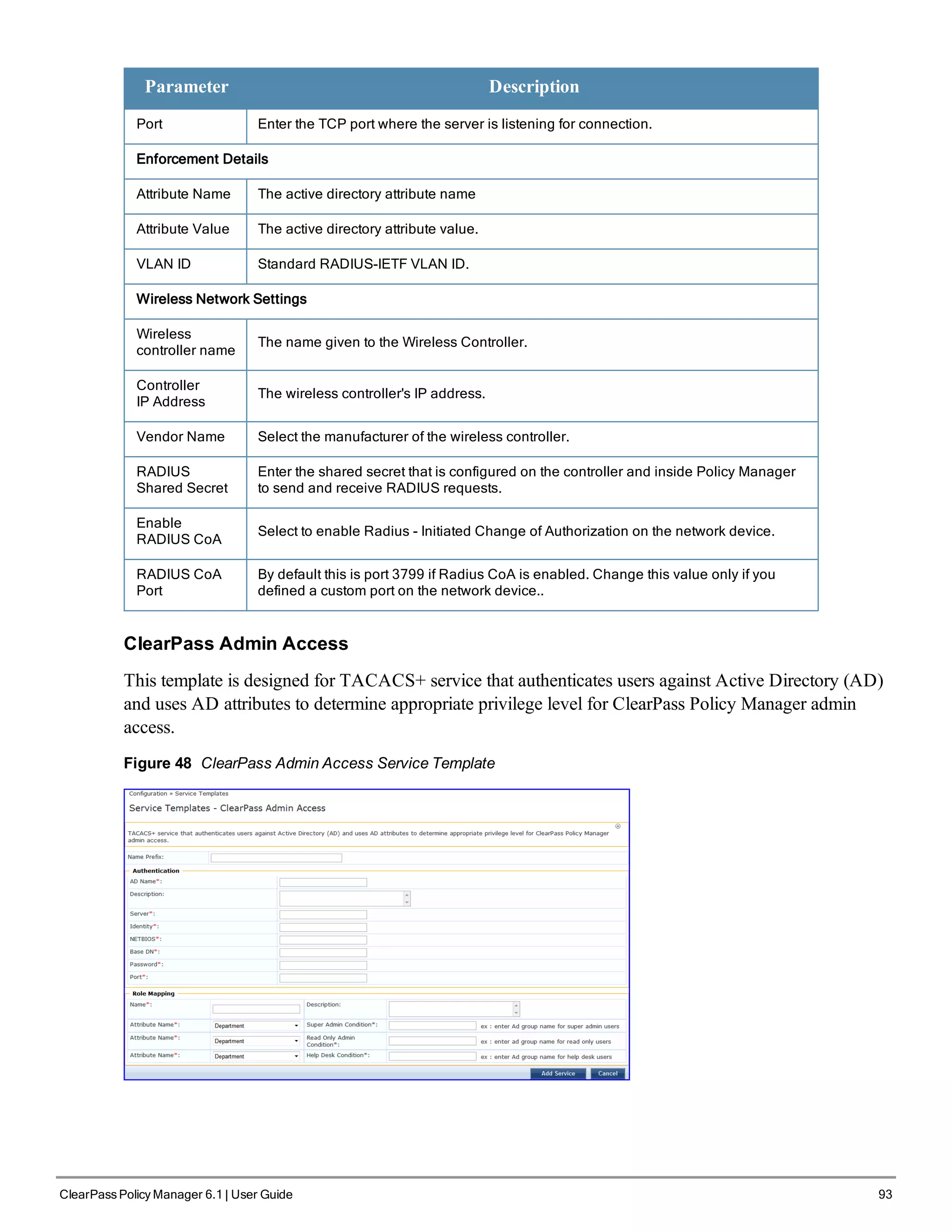 Parameter Description
Port Enter the TCP port where the server is listening for connection.
Enforcement Details
Attribute Name The active directory attribute name
Attribute Value The active directory attribute value.
VLAN ID Standard RADIUS-IETF VLAN ID.
Wireless Network Settings
Wireless
controller name
The name given to the Wireless Controller.
Controller
IP Address
The wireless controller's IP address.
Vendor Name Select the manufacturer of the wireless controller.
RADIUS
Shared Secret
Enter the shared secret that is configured on the controller and inside Policy Manager
to send and receive RADIUS requests.
Enable
RADIUS CoA
Select to enable Radius - Initiated Change of Authorization on the network device.
RADIUS CoA
Port
By default this is port 3799 if Radius CoA is enabled. Change this value only if you
defined a custom port on the network device..
ClearPass Admin Access
This template is designed for TACACS+ service that authenticates users against Active Directory (AD)
and uses AD attributes to determine appropriate privilege level for ClearPass Policy Manager admin
access.
Figure 48 ClearPass Admin Access Service Template
ClearPass Policy Manager 6.1 | User Guide 93
 