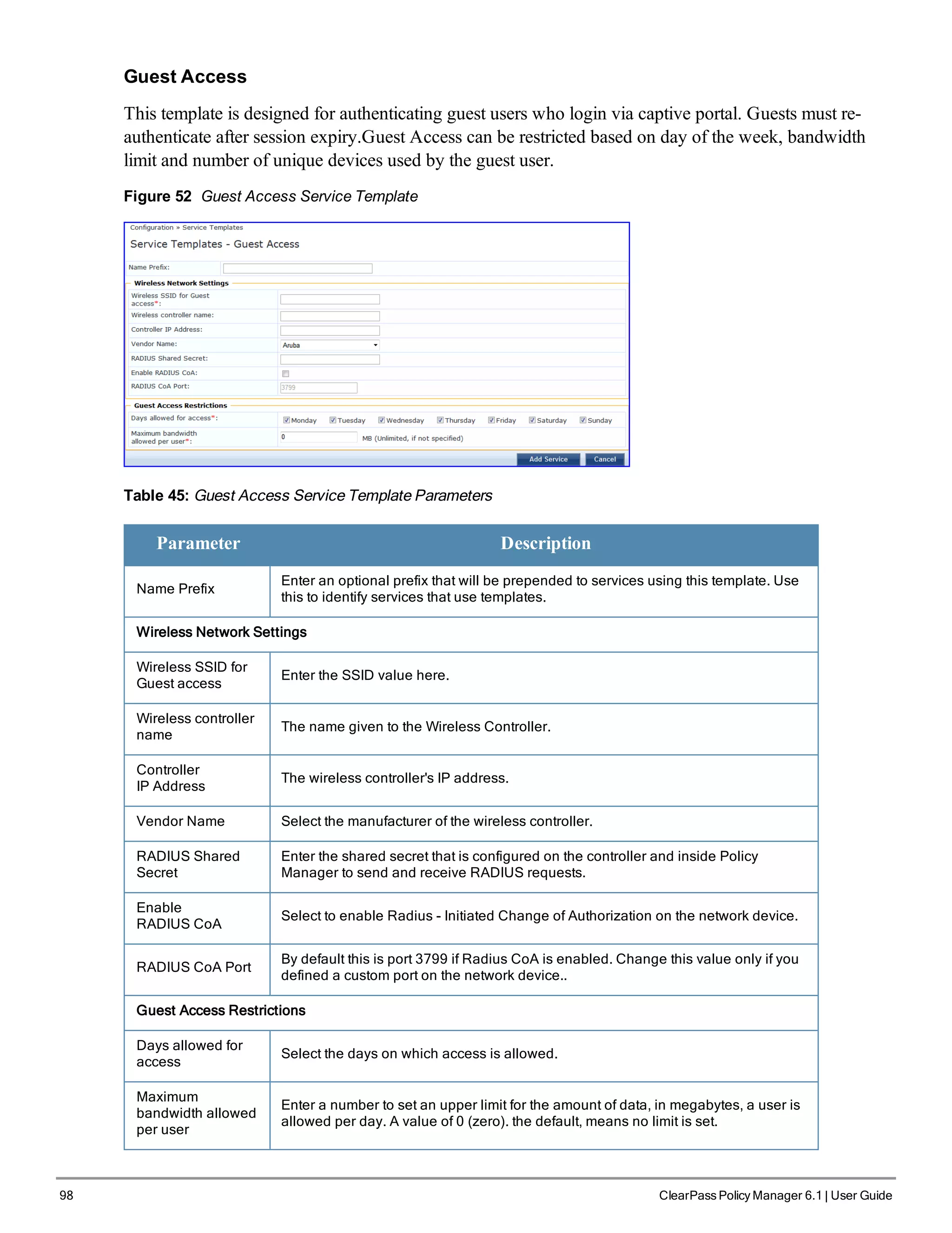 98 ClearPass Policy Manager 6.1 | User Guide
Guest Access
This template is designed for authenticating guest users who login via captive portal. Guests must re-
authenticate after session expiry.Guest Access can be restricted based on day of the week, bandwidth
limit and number of unique devices used by the guest user.
Figure 52 Guest Access Service Template
Table 45: Guest Access Service Template Parameters
Parameter Description
Name Prefix
Enter an optional prefix that will be prepended to services using this template. Use
this to identify services that use templates.
Wireless Network Settings
Wireless SSID for
Guest access
Enter the SSID value here.
Wireless controller
name
The name given to the Wireless Controller.
Controller
IP Address
The wireless controller's IP address.
Vendor Name Select the manufacturer of the wireless controller.
RADIUS Shared
Secret
Enter the shared secret that is configured on the controller and inside Policy
Manager to send and receive RADIUS requests.
Enable
RADIUS CoA
Select to enable Radius - Initiated Change of Authorization on the network device.
RADIUS CoA Port
By default this is port 3799 if Radius CoA is enabled. Change this value only if you
defined a custom port on the network device..
Guest Access Restrictions
Days allowed for
access
Select the days on which access is allowed.
Maximum
bandwidth allowed
per user
Enter a number to set an upper limit for the amount of data, in megabytes, a user is
allowed per day. A value of 0 (zero). the default, means no limit is set.
 