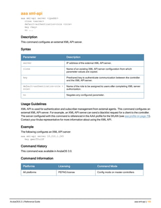 aaa xml-api
aaa xml-api server <ipaddr>
clone <server>
default-authentication-role <role>
key <key>
no ...
Description
This command configures an external XML API server.
Syntax
Parameter Description
server IP address of the external XML API server.
clone Name of an existing XML API server configuration from which
parameter values are copied.
key Preshared key to authenticate communication between the controller
and the XML API server.
default-authentication-role <
role>
Name of the role to be assigned to users after completing XML server
authorization.
no Negates any configured parameter.
Usage Guidelines
XML API is used for authentication and subscriber management from external agents. This command configures an
external XML API server. For example, an XML API server can send a blacklist request for a client to the controller.
The server configured with this command is referenced in the AAA profile for the WLAN (see aaa profile on page 79).
Contact your Aruba representative for more information about using the XML API.
Example
The following configures an XML API server:
aaa xml-api server 10.210.1.245
key qwerTYuiOP
Command History
This command was available in ArubaOS 3.0.
Command Information
Platforms Licensing Command Mode
All platforms PEFNG license Config mode on master controllers
ArubaOS 6.3 | Reference Guide aaa xml-api | 105
 