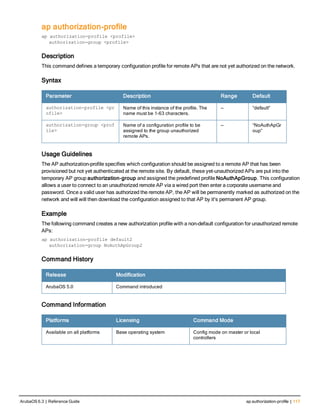 ap authorization-profile
ap authorization-profile <profile>
authorization-group <profile>
Description
This command defines a temporary configuration profile for remote APs that are not yet authorized on the network.
Syntax
Parameter Description Range Default
authorization-profile <pr
ofile>
Name of this instance of the profile. The
name must be 1-63 characters.
— “default”
authorization-group <prof
ile>
Name of a configuration profile to be
assigned to the group unauthorized
remote APs.
— “NoAuthApGr
oup”
Usage Guidelines
The AP authorization-profile specifies which configuration should be assigned to a remote AP that has been
provisioned but not yet authenticated at the remote site. By default, these yet-unauthorized APs are put into the
temporary AP group authorization-group and assigned the predefined profile NoAuthApGroup. This configuration
allows a user to connect to an unauthorized remote AP via a wired port then enter a corporate username and
password. Once a valid user has authorized the remote AP, the AP will be permanently marked as authorized on the
network and will will then download the configuration assigned to that AP by it's permanent AP group.
Example
The following command creates a new authorization profile with a non-default configuration for unauthorized remote
APs:
ap authorization-profile default2
authorization-group NoAuthApGroup2
Command History
Release Modification
ArubaOS 5.0 Command introduced
Command Information
Platforms Licensing Command Mode
Available on all platforms Base operating system Config mode on master or local
controllers
ArubaOS 6.3 | Reference Guide ap authorization-profile | 117
 