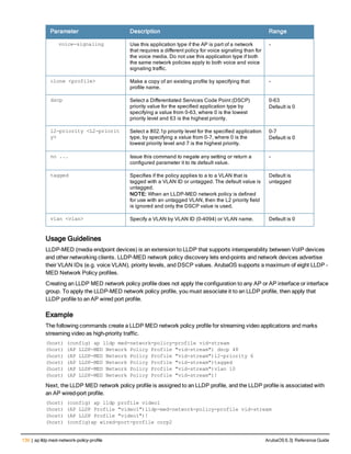 130 | ap lldp med-network-policy-profile ArubaOS 6.3| Reference Guide
Parameter Description Range
voice-signaling Use this application type if the AP is part of a network
that requires a different policy for voice signaling than for
the voice media. Do not use this application type if both
the same network policies apply to both voice and voice
signaling traffic.
-
clone <profile> Make a copy of an existing profile by specifying that
profile name.
-
dscp Select a Differentiated Services Code Point (DSCP)
priority value for the specified application type by
specifying a value from 0-63, where 0 is the lowest
priority level and 63 is the highest priority.
0-63
Default is 0
l2-priority <L2-priorit
y>
Select a 802.1p priority level for the specified application
type, by specifying a value from 0-7, where 0 is the
lowest priority level and 7 is the highest priority.
0-7
Default is 0
no ... Issue this command to negate any setting or return a
configured parameter it to its default value.
-
tagged Specifies if the policy applies to a to a VLAN that is
tagged with a VLAN ID or untagged. The default value is
untagged.
NOTE: When an LLDP-MED network policy is defined
for use with an untagged VLAN, then the L2 priority field
is ignored and only the DSCP value is used.
Default is
untagged
vlan <vlan> Specify a VLAN by VLAN ID (0-4094) or VLAN name. Default is 0
Usage Guidelines
LLDP-MED (media endpoint devices) is an extension to LLDP that supports interoperability between VoIP devices
and other networking clients. LLDP-MED network policy discovery lets end-points and network devices advertise
their VLAN IDs (e.g. voice VLAN), priority levels, and DSCP values. ArubaOS supports a maximum of eight LLDP -
MED Network Policy profiles.
Creating an LLDP MED network policy profile does not apply the configuration to any AP or AP interface or interface
group. To apply the LLDP-MED network policy profile, you must associate it to an LLDP profile, then apply that
LLDP profile to an AP wired port profile.
Example
The following commands create a LLDP MED network policy profile for streaming video applications and marks
streaming video as high-priority traffic.
(host) (config) ap lldp med-network-policy-profile vid-stream
(host) (AP LLDP-MED Network Policy Profile "vid-stream") dscp 48
(host) (AP LLDP-MED Network Policy Profile "vid-stream")l2-priority 6
(host) (AP LLDP-MED Network Policy Profile "vid-stream")tagged
(host) (AP LLDP-MED Network Policy Profile "vid-stream")vlan 10
(host) (AP LLDP-MED Network Policy Profile "vid-stream")!
Next, the LLDP MED network policy profile is assigned to an LLDP profile, and the LLDP profile is associated with
an AP wired-port profile.
(host) (config) ap lldp profile video1
(host) (AP LLDP Profile "video1")lldp-med-network-policy-profile vid-stream
(host) (AP LLDP Profile "video1")!
(host) (config)ap wired-port-profile corp2
 