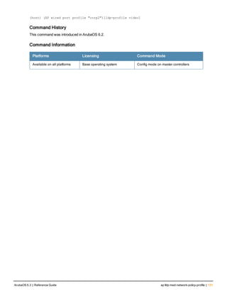 (host) (AP wired port profile "corp2")lldp-profile video1
Command History
This command was introduced in ArubaOS 6.2.
Command Information
Platforms Licensing Command Mode
Available on all platforms Base operating system Config mode on master controllers
ArubaOS 6.3 | Reference Guide ap lldp med-network-policy-profile | 131
 