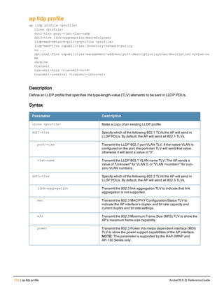 132 | ap lldp profile ArubaOS 6.3| Reference Guide
ap lldp profile
ap lldp profile <profile>
clone <profile>
dot1-tlvs port-vlan|vlan-name
dot3-tlvs link-aggregation|mac|mfs|power
lldp-med-network-policy-profile <profile>
lldp-med-tlvs capabilities|inventory|network-policy
no ...
optional-tlvs capabilities|management-address|port-description|system-description|system-na
me
receive
transmit
transmit-hold <transmit-hold>
transmit-interval <transmit-interval>
Description
Define an LLDP profile that specifies the type-length-value (TLV) elements to be sent in LLDP PDUs.
Syntax
Parameter Description
clone <profile> Make a copy of an existing LLDP profile.
dot1-tlvs Specify which of the following 802.1 TLVs the AP will send in
LLDP PDUs. By default, the AP will send all 802.1 TLVs.
port-vlan Transmit the LLDP 802.1 port VLAN TLV. If the native VLAN is
configured on the port, the port-vlan TLV will send that value,
otherwise it will send a value of “0”.
vlan-name Transmit the LLDP 802.1 VLAN name TLV. The AP sends a
value of "Unknown" for VLAN 0, or "VLAN <number>" for non-
zero VLAN numbers.
dot3-tlvs Specify which of the following 802.3 TLVs the AP will send in
LLDP PDUs. By default, the AP will send all 802.3 TLVs.
link-aggregation Transmit the 802.3 link aggregation TLV to indicate that link
aggregation is not supported.
mac Transmit the 802.3 MAC/PHY Configuration/Status TLV to
indicate the AP interface’s duplex and bit rate capacity and
current duplex and bit rate settings.
mfs Transmit the 802.3 Maximum Frame Size (MFS) TLV to show the
AP’s maximum frame size capability.
power Transmit the 802.3 Power Via media dependent interface (MDI)
TLV to show the power support capabilities of the AP interface.
NOTE: This parameter is supported by the RAP-3WNP and
AP-130 Series only.
 