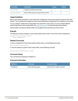 136 | ap mesh-cluster-profile ArubaOS 6.3| Reference Guide
Parameter Description Range Default
wpa-hexkey Configures a WPA pre-shared key. — —
wpa-passphrase Sets the WPA password that generates the PSK. — —
Usage Guidelines
Mesh cluster profiles are specific to mesh nodes (APs configured for mesh) and provide the framework of the mesh
network. You must define and configure the mesh cluster profile before configuring an AP to operate as a mesh node.
You can configure multiple mesh cluster profiles to be used within a mesh cluster. You must configure different
priority levels for each mesh cluster profile. See ap-group or ap-name for more information about priorities.
Cluster profiles, including the “default” profile, are not applied until you provision your APs for mesh.
Example
The following command configures a mesh cluster profile named “cluster1” for the mesh cluster “headquarters:”
ap mesh-cluster-profile cluster1
cluster headquarters
Related Commands
To view a complete list of mesh cluster profiles and their status, use the following command:
show ap mesh-cluster-profile
To view the settings of a specific mesh cluster profile, use the following command:
show ap mesh-cluster-profile <name>
Command History
This command was introduced in ArubaOS 3.2.
Command Information
Platforms Licensing Command Mode
All platforms Base operating system. Config mode on master controllers
 