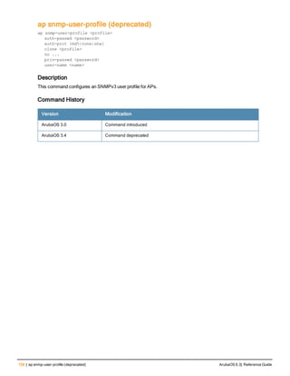 158 | ap snmp-user-profile (deprecated) ArubaOS 6.3| Reference Guide
ap snmp-user-profile (deprecated)
ap snmp-user-profile <profile>
auth-passwd <password>
auth-prot {md5|none|sha}
clone <profile>
no ...
priv-passwd <password>
user-name <name>
Description
This command configures an SNMPv3 user profile for APs.
Command History
Version Modification
ArubaOS 3.0 Command introduced
ArubaOS 3.4 Command deprecated
 