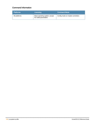 168 | ap system-profile ArubaOS 6.3| Reference Guide
Command Information
Platforms Licensing Command Mode
All platforms Base operating system, except
for noted parameters
Config mode on master controllers
 