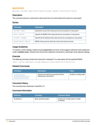 176 | apconnect ArubaOS 6.3| Reference Guide
apconnect
apconnect {ap-name <name>|bssid <bssid>|ip-addr <ipaddr>} parent-bssid <bssid>
Description
This command instructs a mesh point to disconnect from its current parent and connect to a new parent.
Syntax
Parameter Description
ap-name <name> Specify the name of the mesh point to be connected to a new parent.
bssid <bssid> Specific the BSSID of the mesh point to be connected to a new parent.
ip-addr <ipaddr> Specific the IP address of the mesh point to be connected to a new parent.
parent-bssid <bssid> BSSID of the parent to which the mesh point should connect.
Usage Guidelines
To maintain a mesh topology created using the apconnect command, Aruba suggests setting the mesh reselection-
mode to reselect-never, otherwise the normal mesh reselection mechanisms could break up the selected topology.
Example
The following command connects the mesh point “meshpoint1” to a new parent with the specified BSSID.
(host) (config) #apconnect ap-name meshpoint1 parent-bssid 00:12:6d:03:1c:f1
Related Commands
Command Description Mode
ap mesh-radio-
profilereselection-
modereselect-never
Use this command to prevent the AP from
reselecting a new parent.
Enable or Config mode
Command History
This command was introduced in ArubaOS 3.4.1
Command Information
Platforms Licensing Command Mode
All platforms Base operating system Enable and Config mode on master
controllers
 