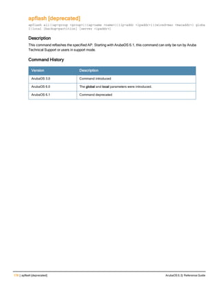 178 | apflash [deprecated] ArubaOS 6.3| Reference Guide
apflash [deprecated]
apflash all|{ap-group <group>}|{ap-name <name>}|{ip-addr <ipaddr>}|{wired-mac <macaddr>} globa
l|local [backup-partition] [server <ipaddr>]
Description
This command reflashes the specified AP. Starting with ArubaOS 6.1, this command can only be run by Aruba
Technical Support or users in support mode.
Command History
Version Description
ArubaOS 3.0 Command introduced
ArubaOS 6.0 The global and local parameters were introduced.
ArubaOS 6.1 Command deprecated
 