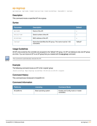 ap-regroup
ap-regroup {ap-name <name>|serial-num <num>|wired-mac <macaddr>} <group>
Description
This command moves a specified AP into a group.
Syntax
Parameter Description Default
ap-name Name of the AP. —
serial-num Serial number of the AP. —
wired-mac MAC address of the AP. —
<group> Name that identifies the AP group. The name must be 1-63
characters.
“default”
Usage Guidelines
All APs discovered by the controller are assigned to the “default” AP group. An AP can belong to only one AP group
at a time. You can move an AP to an AP group that you created with the ap-group command.
This command automatically reboots the AP.
Example
The following command moves an AP to the ‘corpnet’ group:
(host)(config) #ap-regroup wired-mac 00:0f:1e:11:00:00 corpnet
Command History
This command was introduced in ArubaOS 3.0.
Command Information
Platforms Licensing Command Mode
All platforms Base operating system Enable and Config mode on master
controllers
ArubaOS 6.3 | Reference Guide ap-regroup | 187
 
