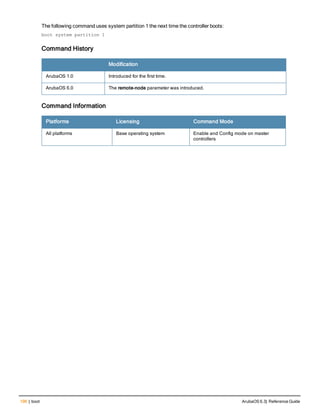 196 | boot ArubaOS 6.3| Reference Guide
The following command uses system partition 1 the next time the controller boots:
boot system partition 1
Command History
Modification
ArubaOS 1.0 Introduced for the first time.
ArubaOS 6.0 The remote-node parameter was introduced.
Command Information
Platforms Licensing Command Mode
All platforms Base operating system Enable and Config mode on master
controllers
 