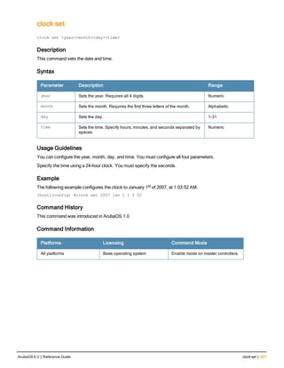 clock set
clock
clock set <year><month><day><time>
Description
This command sets the date and time.
Syntax
Parameter Description Range
year Sets the year. Requires all 4 digits. Numeric
month Sets the month. Requires the first three letters of the month. Alphabetic
day Sets the day. 1-31
time Sets the time. Specify hours, minutes, and seconds separated by
spaces.
Numeric
Usage Guidelines
You can configure the year, month, day, and time. You must configure all four parameters.
Specify the time using a 24-hour clock. You must specify the seconds.
Example
The following example configures the clock to January 1st of 2007, at 1:03:52 AM.
(host)(config) #clock set 2007 jan 1 1 3 52
Command History
This command was introduced in ArubaOS 1.0
Command Information
Platforms Licensing Command Mode
All platforms Base operating system Enable mode on master controllers
ArubaOS 6.3 | Reference Guide clock set | 207
 