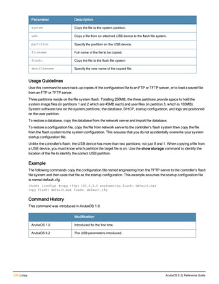 226 | copy ArubaOS 6.3| Reference Guide
Parameter Description
system Copy the file to the system partition.
usb: Copy a file from an attached USB device to the flash file system.
partition Specify the partition on the USB device.
filename Full name of the file to be copied.
flash: Copy the file to the flash file system
destfilename Specify the new name of the copied file.
Usage Guidelines
Use this command to save back-up copies of the configuration file to an FTP or TFTP server, or to load a saved file
from an FTP or TFTP server.
Three partitions reside on the file system flash. Totalling 256MB, the three partitions provide space to hold the
system image files (in partitions 1 and 2 which are 45MB each) and user files (in partition 3, which is 165MB).
System software runs on the system partitions; the database, DHCP, startup configuration, and logs are positioned
on the user partition.
To restore a database, copy the database from the network server and import the database.
To restore a configuration file, copy the file from network server to the controller’s flash system then copy the file
from the flash system to the system configuration. This ensures that you do not accidentally overwrite your system
startup configuration file.
Unlike the controller's flash, the USB device has more than two partitions; not just 0 and 1. When copying a file from
a USB device, you must know which partition the target file is on. Use the show storage command to identify the
location of the file to identify the correct USB partition.
Example
The following commands copy the configuration file named engineering from the TFTP server to the controller’s flash
file system and then uses that file as the startup configuration. This example assumes the startup configuration file
is named default.cfg:
(host) (config) #copy tftp: 192.0.2.0 engineering flash: default.bak
copy flash: default.bak flash: default.cfg
Command History
This command was introduced in ArubaOS 1.0.
Modification
ArubaOS 1.0 Introduced for the first time.
ArubaOS 6.2 The USB parameters introduced.
 