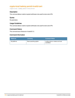 250 | crypto-localisakmp permit-invalid-cert ArubaOS 6.3| Reference Guide
crypto-local isakmp permit-invalid-cert
crypto-local isakmp permit-invalid-cert
Description
This command allows invalid or expired certificates to be used for site-to-site VPN.
Syntax
No parameters.
Usage Guidelines
This command allows invalid or expired certificates to be used for site-to-site VPN.
Command History
This command was introduced in ArubaOS 3.2.
Command Information
Platforms Licensing Command Mode
All platforms Base operating system Config mode on master and local
controllers
 