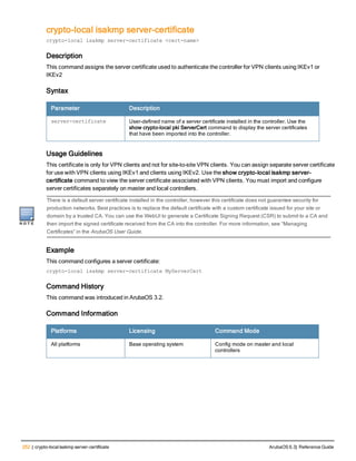 252 | crypto-localisakmp server-certificate ArubaOS 6.3| Reference Guide
crypto-local isakmp server-certificate
crypto-local isakmp server-certificate <cert-name>
Description
This command assigns the server certificate used to authenticate the controller for VPN clients using IKEv1 or
IKEv2
Syntax
Parameter Description
server-certificate User-defined name of a server certificate installed in the controller. Use the
show crypto-local pki ServerCert command to display the server certificates
that have been imported into the controller.
Usage Guidelines
This certificate is only for VPN clients and not for site-to-site VPN clients. You can assign separate server certificate
for use with VPN clients using IKEv1 and clients using IKEv2. Use the show crypto-local isakmp server-
certificate command to view the server certificate associated with VPN clients. You must import and configure
server certificates separately on master and local controllers.
There is a default server certificate installed in the controller, however this certificate does not guarantee security for
production networks. Best practices is to replace the default certificate with a custom certificate issued for your site or
domain by a trusted CA. You can use the WebUI to generate a Certificate Signing Request (CSR) to submit to a CA and
then import the signed certificate received from the CA into the controller. For more information, see “Managing
Certificates” in the ArubaOS User Guide.
Example
This command configures a server certificate:
crypto-local isakmp server-certificate MyServerCert
Command History
This command was introduced in ArubaOS 3.2.
Command Information
Platforms Licensing Command Mode
All platforms Base operating system Config mode on master and local
controllers
 
