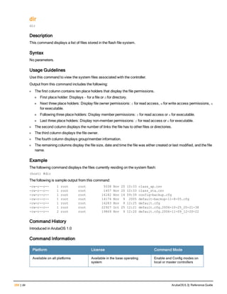 268 | dir ArubaOS 6.3| Reference Guide
dir
dir
Description
This command displays a list of files stored in the flash file system.
Syntax
No parameters.
Usage Guidelines
Use this command to view the system files associated with the controller.
Output from this command includes the following:
l The first column contains ten place holders that display the file permissions.
n First place holder: Displays - for a file or d for directory.
n Next three place holders: Display file owner permissions: r for read access, w for write access permissions, x
for executable.
n Following three place holders: Display member permissions: r for read access or x for executable.
n Last three place holders: Display non-member permissions: r for read access or x for executable.
l The second column displays the number of links the file has to other files or directories.
l The third column displays the file owner.
l The fourth column displays group/member information.
l The remaining columns display the file size, date and time the file was either created or last modified, and the file
name.
Example
The following command displays the files currently residing on the system flash:
(host) #dir
The following is sample output from this command:
-rw-r--r-- 1 root root 9338 Nov 20 10:33 class_ap.csv
-rw-r--r-- 1 root root 1457 Nov 20 10:33 class_sta.csv
-rw-r--r-- 1 root root 16182 Nov 14 09:39 config-backup.cfg
-rw-r--r-- 1 root root 14174 Nov 9 2005 default-backup-11-8-05.cfg
-rw-r--r-- 1 root root 16283 Nov 9 12:25 default.cfg
-rw-r--r-- 1 root root 22927 Oct 25 12:21 default.cfg.2006-10-25_20-21-38
-rw-r--r-- 2 root root 19869 Nov 9 12:20 default.cfg.2006-11-09_12-20-22
Command History
Introduced in ArubaOS 1.0
Command Information
Platform License Command Mode
Available on all platforms Available in the base operating
system
Enable and Config modes on
local or master controllers
 