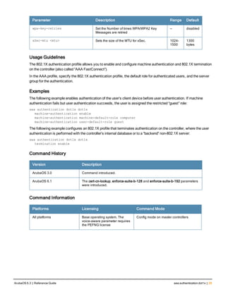 Parameter Description Range Default
wpa-key-retries Set the Number of times WPA/WPA2 Key
Messages are retried
— disabled
xSec-mtu <mtu> Sets the size of the MTU for xSec. 1024-
1500
1300
bytes
Usage Guidelines
The 802.1X authentication profile allows you to enable and configure machine authentication and 802.1X termination
on the controller (also called “AAA FastConnect”).
In the AAA profile, specify the 802.1X authentication profile, the default role for authenticated users, and the server
group for the authentication.
Examples
The following example enables authentication of the user’s client device before user authentication. If machine
authentication fails but user authentication succeeds, the user is assigned the restricted “guest” role:
aaa authentication dot1x dot1x
machine-authentication enable
machine-authentication machine-default-role computer
machine-authentication user-default-role guest
The following example configures an 802.1X profile that terminates authentication on the controller, where the user
authentication is performed with the controller’s internal database or to a “backend” non-802.1X server:
aaa authentication dot1x dot1x
termination enable
Command History
Version Description
ArubaOS 3.0 Command introduced.
ArubaOS 6.1 The cert-cn-lookup, enforce-suite-b-128 and enforce-suite-b-192 parameters
were introduced.
Command Information
Platforms Licensing Command Mode
All platforms Base operating system. The
voice-aware parameter requires
the PEFNG license
Config mode on master controllers
ArubaOS 6.3 | Reference Guide aaa authentication dot1x | 29
 