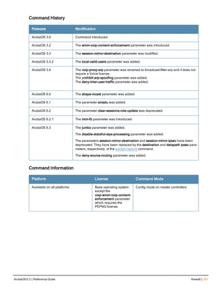 Command History
Release Modification
ArubaOS 3.0 Command introduced.
ArubaOS 3.2 The wmm-voip-content-enforcement parameter was introduced.
ArubaOS 3.3 The session-mirror-destination parameter was modified.
ArubaOS 3.3.2 The local-valid-users parameter was added.
ArubaOS 3.4 The voip-proxy-arp parameter was renamed to broadcast-filter-arp and it does not
require a Voice license.
The prohibit-arp-spoofing parameter was added.
The deny-inter-user-traffic parameter was added.
ArubaOS 6.0 The shape-mcast parameter was added.
ArubaOS 6.1 The parameter amsdu was added.
ArubaOS 6.2 The parameter clear-sessions-role-update was deprecated.
ArubaOS 6.2.1 The imm-fb parameter was introduced.
ArubaOS 6.3 The jumbo parameter was added.
The disable-stateful-sips-processing parameter was added.
The parameters session-mirror-destination and session-mirror-ipsec have been
deprecated. They have been replaced by the destination and datapath ipsec para-
meters, respectively, of the packet-capture command.
The deny-source-routing parameter was added.
Command Information
Platform License Command Mode
Available on all platforms Base operating system
except the
voip-wmm-voip-content-
enforcement parameter
which requires the
PEFNG license.
Config mode on master controllers
ArubaOS 6.3 | Reference Guide firewall | 291
 