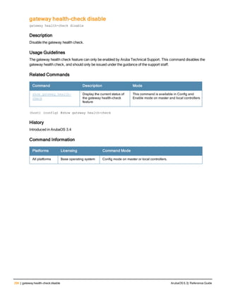 296 | gateway health-check disable ArubaOS 6.3| Reference Guide
gateway health-check disable
gateway health-check disable
Description
Disable the gateway health check.
Usage Guidelines
The gateway health check feature can only be enabled by Aruba Technical Support. This command disables the
gateway health check, and should only be issued under the guidance of the support staff.
Related Commands
Command Description Mode
show gateway health-
check
Display the current status of
the gateway health-check
feature
This command is available in Config and
Enable mode on master and local controllers
(host) (config) #show gateway health-check
History
Introduced in ArubaOS 3.4
Command Information
Platforms Licensing Command Mode
All platforms Base operating system Config mode on master or local controllers.
 