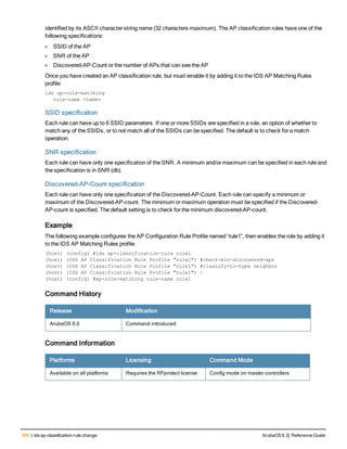 306 | ids ap-classification-rule change ArubaOS 6.3| Reference Guide
identified by its ASCII character string name (32 characters maximum). The AP classification rules have one of the
following specifications:
l SSID of the AP
l SNR of the AP
l Discovered-AP-Count or the number of APs that can see the AP
Once you have created an AP classification rule, but must ienable it by adding it to the IDS AP Matching Rules
profile:
ids ap-rule-matching
rule-name <name>
SSID specification
Each rule can have up to 6 SSID parameters. If one or more SSIDs are specified in a rule, an option of whether to
match any of the SSIDs, or to not match all of the SSIDs can be specified. The default is to check for a match
operation.
SNR specification
Each rule can have only one specification of the SNR. A minimum and/or maximum can be specified in each rule and
the specification is in SNR (db).
Discovered-AP-Count specification
Each rule can have only one specification of the Discovered-AP-Count. Each rule can specify a minimum or
maximum of the Discovered-AP-count. The minimum or maximum operation must be specified if the Discovered-
AP-count is specified. The default setting is to check for the minimum discovered-AP-count.
Example
The following example configures the AP Configuration Rule Profile named “rule1”, then enables the rule by adding it
to the IDS AP Matching Rules profile.
(host) (config) #ids ap-classification-rule rule1
(host) (IDS AP Classification Rule Profile "rule1") #check-min-discovered-aps
(host) (IDS AP Classification Rule Profile "rule1") #classify-to-type neighbor
(host) (IDS AP Classification Rule Profile "rule1") !
(host) (config) #ap-rule-matching rule-name rule1
Command History
Release Modification
ArubaOS 6.0 Command introduced
Command Information
Platforms Licensing Command Mode
Available on all platforms Requires the RFprotect license Config mode on master controllers
 