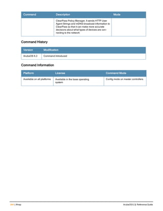 344 | ifmap ArubaOS 6.3| Reference Guide
Command Description Mode
ClearPass Policy Manager. It sends HTTP User
Agent Strings and mDNS broadcast information to
ClearPass so that it can make more accurate
decisions about what types of devices are con-
necting to the network
Command History
Version Modification
ArubaOS 6.3 Command Introduced
Command Information
Platform License Command Mode
Available on all platforms Available in the base operating
system
Config mode on master controllers
 