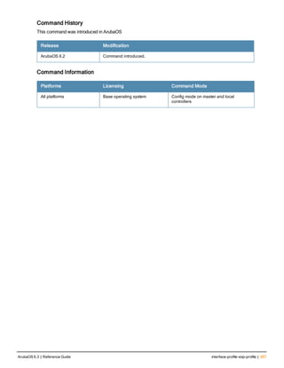 Command History
This command was introduced in ArubaOS
Release Modification
ArubaOS 6.2 Command introduced.
Command Information
Platforms Licensing Command Mode
All platforms Base operating system Config mode on master and local
controllers
ArubaOS 6.3 | Reference Guide interface-profile voip-profile | 357
 