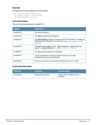 Example
The following command configures a VLAN interface:
(host) (config) #interface vlan 16
ip address 10.26.1.1 255.255.255.0
ip helper-address 10.4.1.22
Command History
This command was introduced in ArubaOS 3.0
Release Modification
ArubaOS 3.0 Command introduced
ArubaOS 3.3 The ipv6 parameters were introduced.
ArubaOS 3.4 The igmp snooping parameter was deprecated. For information on configuring
IGMP snooping in ArubaOS 3.4 or later, see interface vlan ip igmp proxy on
page 370.
ArubaOS 6.0 The pppoe-max-segment-site, pppoe-password, pppoe-service-
name and pppoe-password parameters were introduced.
ArubaOS 6.1 The option-82 parameter was introduced.
ArubaOS 6.2 The nd parameter for configuring neighbor discovery and router
advertizement options was introduced.
ArubaOS 6.3 The proxy parameter was introduced to enable MLD proxy in a VLAN.
Command Information
Platforms Licensing Command Mode
All platforms Base operating system Config mode on master and local
controllers
ArubaOS 6.3 | Reference Guide interface vlan | 367
 