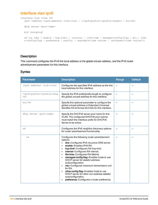 368 | interface vlan ipv6 ArubaOS 6.3| Reference Guide
interface vlan ipv6
interface vlan <vlan ID>
ipv6 {address <ipv6-address> link-local | [<ipv6-prefix>/<prefix-length> | eui-64]
dhcp server <pool-name>
mld [snooping]
nd {ra [dns | enable | hop-limit | interval | life-time | managed-config-flag | mtu | othe
r-config-flag | preference | prefix] | reachable-time <value> | retransmit-time <value>}}
Description
This command configures the IPv6 link local address or the global unicast address, and the IPv6 router
advertisement parameters for this interface.
Syntax
Parameter Description Range Default
<ipv6 address> link-local Configures the specified IPv6 address as the link
local address for this interface.
— —
<ipv6-prefix>/<prefix-leng
th>
Specify the IPv6 prefix/prefix-length to configure
the global unicast address for this interface.
— —
eui-64 Specify this optional parameter to configure the
global unicast address in Extended Universal
Identifier 64 bit format (EUI-64) for this interface.
— —
dhcp server <pool-name> Specify the DHCPv6 server pool name for this
VLAN. The configured DHCPv6 pool subnet
must match the interface prefix for DHCPv6
Server to be active.
— —
nd Configures the IPv6 neighbor discovery options
for router advertizement functionality.
— —
ra Configures the following router advertisement
options:
l dns—Configures IPv6 recursive DNS server.
l enable—Enables IPv6 RA.
l hop-limit—Configures RA hop-limit.
l interval—Configures RA interval.
l life-time—Configures RA lifetime.
l managed-config-flag—Enables hosts to use
DHCP server for stateful address
autoconfiguration
l mtu—Configures maximum transmission unit
for RA.
l other-config-flag—Enables hosts to use
DHCP server for other non-address stateful
autoconfiguration.
l preference—Configures a router preference.
— —
 