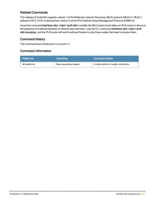 Related Commands
This release of ArubaOS supports version 1 of the Multicast Listener Discovery (MLD) protocol (MLDv1). MLDv1,
defined in RFC 2710, is derived from version 2 of the IPv4 Internet Group Management Protocol (IGMPv2)
Issue the command interface vlan <vlan> ipv6 mld to enable the MLD protocol and allow an IPv6 router to discover
the presence of multicast listeners on directly-attached links. Use the CLI command interface vlan <vlan> ipv6
mld snooping, and the IPv6 router will send multicast frames to only those nodes that need to receive them.
Command History
This command was introduced in ArubaOS 3.4
Command Information
Platforms Licensing Command Mode
All platforms Base operating system Config mode on master controllers
ArubaOS 6.3 | Reference Guide interface vlan ip igmp proxy | 371
 