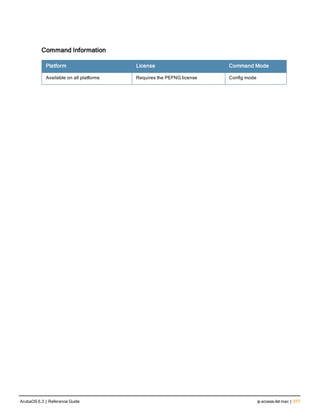Command Information
Platform License Command Mode
Available on all platforms Requires the PEFNG license Config mode
ArubaOS 6.3 | Reference Guide ip access-list mac | 377
 