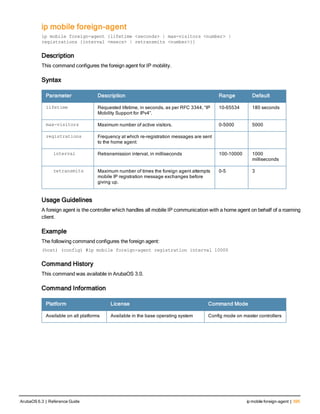ip mobile foreign-agent
ip mobile foreign-agent {lifetime <seconds> | max-visitors <number> |
registrations {interval <msecs> | retransmits <number>}}
Description
This command configures the foreign agent for IP mobility.
Syntax
Parameter Description Range Default
lifetime Requested lifetime, in seconds, as per RFC 3344, “IP
Mobility Support for IPv4”.
10-65534 180 seconds
max-visitors Maximum number of active visitors. 0-5000 5000
registrations Frequency at which re-registration messages are sent
to the home agent:
interval Retransmission interval, in milliseconds 100-10000 1000
milliseconds
retransmits Maximum number of times the foreign agent attempts
mobile IP registration message exchanges before
giving up.
0-5 3
Usage Guidelines
A foreign agent is the controller which handles all mobile IP communication with a home agent on behalf of a roaming
client.
Example
The following command configures the foreign agent:
(host) (config) #ip mobile foreign-agent registration interval 10000
Command History
This command was available in ArubaOS 3.0.
Command Information
Platform License Command Mode
Available on all platforms Available in the base operating system Config mode on master controllers
ArubaOS 6.3 | Reference Guide ip mobile foreign-agent | 395
 