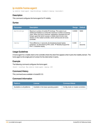 396 | ip mobile home-agent ArubaOS 6.3| Reference Guide
ip mobile home-agent
ip mobile home-agent {max-bindings <number>|replay <seconds>}
Description
This command configures the home agent for IP mobility.
Syntax
Parameter Description Range Default
max-bindings Maximum number of mobile IP bindings. This option is an
additional limitation to control the maximum number of roaming
users. When the limit is reached, registration requests from the
foreign agent fail which causes a mobile client to set a new
session on the visited controller, which will become its home
controller.
0-5000 5000
replay Time difference, in seconds, for timestamp-based replay
protection, as described by RFC 3344, “IP Mobility Support for
IPv4”. 0 disables replay.
0-300 7
seconds
Usage Guidelines
A home agent for a mobile client is the controller where the client first appears when it joins the mobility domain. The
home agent is the single point of contact for the client when it roams.
Example
The following command configures the home agent:
(host) (config) #ip mobile home-agent replay 100
Command History
This command was available in ArubaOS 3.0.
Command Information
Platform License Command Mode
Available on all platforms Available in the base operating system Config mode on master controllers
 