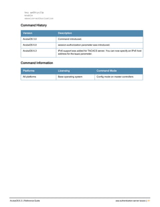 key qwERtyuIOp
enable
session-authorization
Command History
Version Description
ArubaOS 3.0 Command introduced.
ArubaOS 6.0 session-authorization parameter was introduced.
ArubaOS 6.3 IPv6 support was added for TACACS server. You can now specify an IPv6 host
address for the host parameter.
Command Information
Platforms Licensing Command Mode
All platforms Base operating system Config mode on master controllers
ArubaOS 6.3 | Reference Guide aaa authentication-server tacacs | 41
 