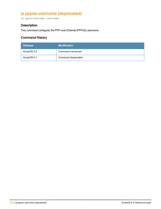 410 | ip pppoe-username (deprecated) ArubaOS 6.3| Reference Guide
ip pppoe-username (deprecated)
ip pppoe-username <username>
Description
This command configures the PPP over Ethernet (PPPoE) username.
Command History
Release Modification
ArubaOS 3.0 Command introduced
ArubaOS 6.1 Command deprecated
 