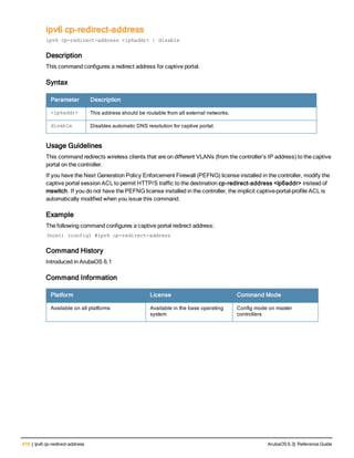 418 | ipv6 cp-redirect-address ArubaOS 6.3| Reference Guide
ipv6 cp-redirect-address
ipv6 cp-redirect-address <ip6addr> | disable
Description
This command configures a redirect address for captive portal.
Syntax
Parameter Description
<ip6addr> This address should be routable from all external networks.
disable Disables automatic DNS resolution for captive portal.
Usage Guidelines
This command redirects wireless clients that are on different VLANs (from the controller’s IP address) to the captive
portal on the controller.
If you have the Next Generation Policy Enforcement Firewall (PEFNG) license installed in the controller, modify the
captive portal session ACL to permit HTTP/S traffic to the destination cp-redirect-address <ip6addr> instead of
mswitch. If you do not have the PEFNG license installed in the controller, the implicit captive-portal-profile ACL is
automatically modified when you issue this command.
Example
The following command configures a captive portal redirect address:
(host) (config) #ipv6 cp-redirect-address
Command History
Introduced in ArubaOS 6.1
Command Information
Platform License Command Mode
Available on all platforms Available in the base operating
system
Config mode on master
controllers
 