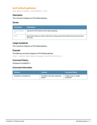 ipv6 default-gateway
ipv6 default-gateway <ipv6-address> <cost>
Description
This command configures an IPv6 default gateway.
Syntax
Parameter Description
<ipv6-addres
s>
Specify the IPv6 address of the default gateway.
cost Specify the distance metric to select the routing protocol that determines the way to learn
the route.
Usage Guidelines
This command configures an IPv6 default gateway.
Example
The following command configures an IPv6 default gateway:
(host) (config) #ipv6 default-gateway 2cce:205:160:100::fe 1
Command History
Introduced in ArubaOS 6.1
Command Information
Platform License Command Mode
Available on all platforms Available in the base operating
system
Config mode on master
controllers
ArubaOS 6.3 | Reference Guide ipv6 default-gateway | 419
 