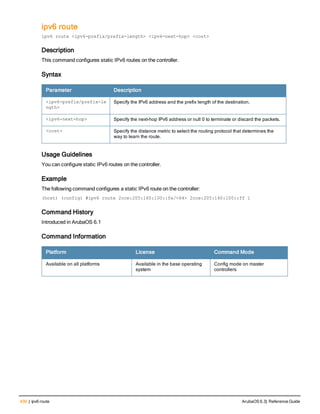 430 | ipv6 route ArubaOS 6.3| Reference Guide
ipv6 route
ipv6 route <ipv6-prefix/prefix-length> <ipv6-next-hop> <cost>
Description
This command configures static IPv6 routes on the controller.
Syntax
Parameter Description
<ipv6-prefix/prefix-le
ngth>
Specify the IPv6 address and the prefix length of the destination.
<ipv6-next-hop> Specify the next-hop IPv6 address or null 0 to terminate or discard the packets.
<cost> Specify the distance metric to select the routing protocol that determines the
way to learn the route.
Usage Guidelines
You can configure static IPv6 routes on the controller.
Example
The following command configures a static IPv6 route on the controller:
(host) (config) #ipv6 route 2cce:205:160:100::fe/<64> 2cce:205:160:100::ff 1
Command History
Introduced in ArubaOS 6.1
Command Information
Platform License Command Mode
Available on all platforms Available in the base operating
system
Config mode on master
controllers
 