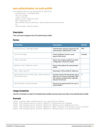 aaa authentication via auth-profile
aaa authentication via auth-profile <profile>
auth-protocol {mschapv2|pap}
cert-cn-lookup
clone <source>
default-role <default-role>
desc <description>
max-authentication-failures <max-authentication-failures>
no
server-group <server-group>
Description
This command configures the VIA authentication profile.
Syntax
Parameter Description Default
auth-protocol {mschapv2|pap} Authentication protocol support for VIA
authentication; MSCHAPv2 or PAP
PAP
cert-cn-lookup Check certificate common name
against AAA server.
Enabled
clone <source> Name of an existing profile from which
configuration values are copied.
-
default-role <default-role> Name of the default VIA authentication
profile.
-
desc <description> Description of this profile for reference. -
max-authentication-failures <max-authentic
ation-failures>
Number of times VIA will prompt user to
login due to incorrect credentials. After
the maximum authentication attempts
failures VIA will exit.
3
server-group <server-group> Server group against which the user is
authenticated.
-
Usage Guidelines
Use this command to create VIA authentication profiles and associate user roles to the authentication profile.
Example
(host) (config) #aaa authentication via auth-profile default
(host) (VIA Authentication Profile "default") #auth-protocol mschapv2
(host) (VIA Authentication Profile "default") #default-role example-via-role
(host) (VIA Authentication Profile "default") #desc "Default VIA Authentication Profile"
(host) (VIA Authentication Profile "default") #server-group "via-server-group"
ArubaOS 6.3 | Reference Guide aaa authentication via auth-profile | 47
 