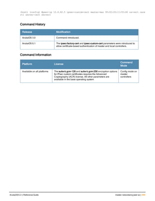 (host) (config) #peer-ip 10.4.62.5 ipsec-custom-cert master-mac 00:02:2D:11:55:4D ca-cert cace
rt1 server-cert server1
Command History
Release Modification
ArubaOS 3.0 Command introduced.
ArubaOS 6.1 The ipsec-factory-cert and ipsec-custom-cert parameters were introduced to
allow certificate-based authentication of master and local controllers.
Command Information
Platform License
Command
Mode
Available on all platforms The suite-b gcm-128 and suite-b gcm-256 encryption options
for IPsec custom certificates requires the Advanced
Cryptography (ACR) license. All other parameters are
available in the base operating system
Config mode on
master
controllers
ArubaOS 6.3 | Reference Guide master-redundancy peer-ip | 485
 