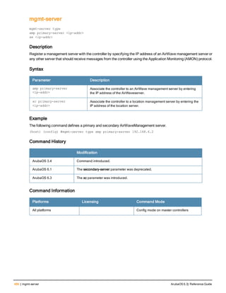 486 | mgmt-server ArubaOS 6.3| Reference Guide
mgmt-server
wlan
mgmt-server type
amp primary-server <ip-addr>
xe <ip-addr>
Description
Register a management server with the controller by specifying the IP address of an AirWave management server or
any other server that should receive messages from the controller using the Application Monitoring (AMON) protocol.
Syntax
Parameter Description
amp primary-server
<ip-addr>
Associate the controller to an AirWave management server by entering
the IP address of the AirWaveserver.
xc primary-server
<ip-addr>
Associate the controller to a location management server by entering the
IP address of the location server.
Example
The following command defines a primary and secondary AirWaveManagement server.
(host) (config) #mgmt-server type amp primary-server 192.168.6.2
Command History
Modification
ArubaOS 3.4 Command introduced.
ArubaOS 6.1 The secondary-server parameter was deprecated.
ArubaOS 6.3 The xc parameter was introduced.
Command Information
Platforms Licensing Command Mode
All platforms Config mode on master controllers
 