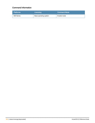 502 | network-storage [deprecated] ArubaOS 6.3| Reference Guide
Command Information
Platforms Licensing Command Mode
600 Series Base operating system Enable mode
 