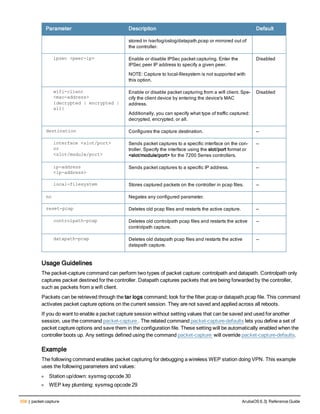 508 | packet-capture ArubaOS 6.3| Reference Guide
Parameter Description Default
stored in /var/log/oslog/datapath.pcap or mirrored out of
the controller.
ipsec <peer-ip> Enable or disable IPSec packet capturing. Enter the
IPSec peer IP address to specify a given peer.
NOTE: Capture to local-filesystem is not supported with
this option.
Disabled
wifi-client
<mac-address>
{decrypted | encrypted |
all}
Enable or disable packet capturing from a wifi client. Spe-
cify the client device by entering the device's MAC
address.
Additionally, you can specify what type of traffic captured:
decrypted, encrypted, or all.
Disabled
destination Configures the capture destination. —
interface <slot/port>
or
<slot/module/port>
Sends packet captures to a specific interface on the con-
troller. Specify the interface using the slot/port format or
<slot/module/port> for the 7200 Series controllers.
—
ip-address
<ip-address>
Sends packet captures to a specific IP address. —
local-filesystem Stores captured packets on the controller in pcap files. —
no Negates any configured parameter.
reset-pcap Deletes old pcap files and restarts the active capture. —
controlpath-pcap Deletes old controlpath pcap files and restarts the active
controlpath capture.
—
datapath-pcap Deletes old datapath pcap files and restarts the active
datapath capture.
—
Usage Guidelines
The packet-capture command can perform two types of packet capture: controlpath and datapath. Controlpath only
captures packet destined for the controller. Datapath captures packets that are being forwarded by the controller,
such as packets from a wifi client.
Packets can be retrieved through the tar logs command; look for the filter.pcap or datapath.pcap file. This command
activates packet capture options on the current session. They are not saved and applied across all reboots.
If you do want to enable a packet capture session without setting values that can be saved and used for another
session, use the command packet-capture . The related command packet-capture-defaults lets you define a set of
packet capture options and save them in the configuration file. These setting will be automatically enabled when the
controller boots up. Any settings defined using the command packet-capture will override packet-capture-defaults.
Example
The following command enables packet capturing for debugging a wireless WEP station doing VPN. This example
uses the following parameters and values:
l Station up/down: sysmsg opcode 30
l WEP key plumbing: sysmsg opcode 29
 