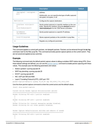 Parameter Description Default
{decrypted | encrypted |
all}
address.
Additionally, you can specify what type of traffic captured:
decrypted, encrypted, or all.
destination Configures the capture destination. —
interface <slot/port>
or
<slot/module/port>
Sends packet captures to a specific interface on the con-
troller. Specify the interface using the slot/port format or
<slot/module/port> for the 7200 Series controllers.
—
ip-address
<ip-address>
Sends packet captures to a specific IP address. —
local-filesystem Stores captured packets on the controller in pcap files. —
no Negates any configured parameter.
Usage Guidelines
This command applies to control path packets; not datapath packets. Packets can be retrieved through the tar log
command; look for the filter.pcap file. This command activates packet capture options on the current switch. They
are not saved and applied across switches.
Example
The following command sets the default packet capture values to debug a wireless WEP station doing VPN. Once
these default settings are defined, you can use the packet-capture command to enable packet capturing with these
values. This example uses the following parameters and values:
l Station up/down: sysmsg opcode 30
l WEP key plumbing: sysmsg opcode 29
l DHCP: sysmsg opcode 90
l IKE: UDP port 500 and 4500
l Layer 2 Tunneling Protocol (L2TP): UDP port 1701
packet-capture-defaults sysmsg 30,29,90 udp 500,4500,1701,1812,1645
Use the show packet-capture command to show the current action and the default values.
(host) show packet-capture
Current Active Packet Capture Actions(current switch)
=====================================================
Packet filtering TCP with 2 port(s) enabled:
2
1
Packet filtering UDP with 1 port(s) enabled:
1
Packet filtering for internal messaging opcodes disabled.
Packet filtering for all other packets disabled.
Packet Capture Defaults(across switches and reboots if saved)
============================================================
Packet filtering TCP with 2 port(s) enabled:
2
1
ArubaOS 6.3 | Reference Guide packet-capture-defaults | 511
 