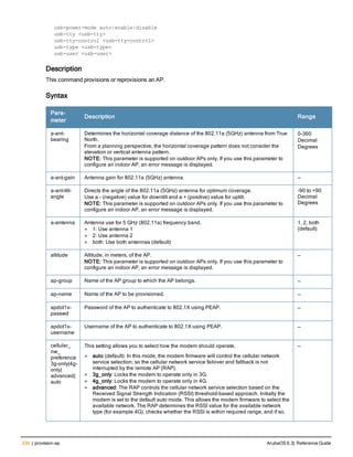 536 | provision-ap ArubaOS 6.3| Reference Guide
usb-power-mode auto|enable|disable
usb-tty <usb-tty>
usb-tty-control <usb-tty-control>
usb-type <usb-type>
usb-user <usb-user>
Description
This command provisions or reprovisions an AP.
Syntax
Para-
meter
Description Range
a-ant-
bearing
Determines the horizontal coverage distance of the 802.11a (5GHz) antenna from True
North.
From a planning perspective, the horizontal coverage pattern does not consider the
elevation or vertical antenna pattern.
NOTE: This parameter is supported on outdoor APs only. If you use this parameter to
configure an indoor AP, an error message is displayed.
0-360
Decimal
Degrees
a-ant-gain Antenna gain for 802.11a (5GHz) antenna. —
a-ant-tilt-
angle
Directs the angle of the 802.11a (5GHz) antenna for optimum coverage.
Use a - (negative) value for downtilt and a + (positive) value for uptilt.
NOTE: This parameter is supported on outdoor APs only. If you use this parameter to
configure an indoor AP, an error message is displayed.
-90 to +90
Decimal
Degrees
a-antenna Antenna use for 5 GHz (802.11a) frequency band.
l 1: Use antenna 1
l 2: Use antenna 2
l both: Use both antennas (default)
1, 2, both
(default)
altitude Altitude, in meters, of the AP.
NOTE: This parameter is supported on outdoor APs only. If you use this parameter to
configure an indoor AP, an error message is displayed.
—
ap-group Name of the AP group to which the AP belongs. —
ap-name Name of the AP to be provisioned. —
apdot1x-
passwd
Password of the AP to authenticate to 802.1X using PEAP. —
apdot1x-
username
Username of the AP to authenticate to 802.1X using PEAP. —
cellular_
nw_
preference
3g-only|4g-
only|
advanced|
auto
This setting allows you to select how the modem should operate.
l auto (default): In this mode, the modem firmware will control the cellular network
service selection; so the cellular network service failover and fallback is not
interrupted by the remote AP (RAP).
l 3g_only: Locks the modem to operate only in 3G.
l 4g_only: Locks the modem to operate only in 4G.
l advanced: The RAP controls the cellular network service selection based on the
Received Signal Strength Indication (RSSI) threshold-based approach. Initially the
modem is set to the default auto mode. This allows the modem firmware to select the
available network. The RAP determines the RSSI value for the available network
type (for example 4G), checks whether the RSSI is within required range, and if so,
—
 