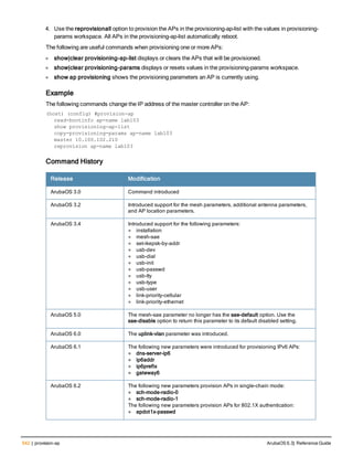 542 | provision-ap ArubaOS 6.3| Reference Guide
4. Use the reprovisionall option to provision the APs in the provisioning-ap-list with the values in provisioning-
params workspace. All APs in the provisioning-ap-list automatically reboot.
The following are useful commands when provisioning one or more APs:
l show|clear provisioning-ap-list displays or clears the APs that will be provisioned.
l show|clear provisioning-params displays or resets values in the provisioning-params workspace.
l show ap provisioning shows the provisioning parameters an AP is currently using.
Example
The following commands change the IP address of the master controller on the AP:
(host) (config) #provision-ap
read-bootinfo ap-name lab103
show provisioning-ap-list
copy-provisioning-params ap-name lab103
master 10.100.102.210
reprovision ap-name lab103
Command History
Release Modification
ArubaOS 3.0 Command introduced
ArubaOS 3.2 Introduced support for the mesh parameters, additional antenna parameters,
and AP location parameters.
ArubaOS 3.4 Introduced support for the following parameters:
l installation
l mesh-sae
l set-ikepsk-by-addr
l usb-dev
l usb-dial
l usb-init
l usb-passwd
l usb-tty
l usb-type
l usb-user
l link-priority-cellular
l link-priority-ethernet
ArubaOS 5.0 The mesh-sae parameter no longer has the sae-default option. Use the
sae-disable option to return this parameter to its default disabled setting.
ArubaOS 6.0 The uplink-vlan parameter was introduced.
ArubaOS 6.1 The following new parameters were introduced for provisioning IPv6 APs:
l dns-server-ip6
l ip6addr
l ip6prefix
l gateway6
ArubaOS 6.2 The following new parameters provision APs in single-chain mode:
l sch-mode-radio-0
l sch-mode-radio-1
The following new parameters provision APs for 802.1X authentication:
l apdot1x-passwd
 