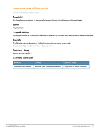 remote-node-local-factory-cert
localuserdb
remote-node-local-factory-cert
Description
Configure factory certificates for secure traffic between Remote-Node-Masters and Remote-Nodes.
Syntax
No parameters
Usage Guidelines
Issue this command on a Remote-Node Master to use a factory-installed certificate to authenticate a Remote-Node.
Example
The following command configures the local remote node on a master remote node:
(host) (config) remote-node-local-factory-certs
Command History
Introduced in ArubaOS 6.1
Command Information
Platform License Command Mode
Available on all platforms Available in the base operating system Config mode on master controllers
ArubaOS 6.3 | Reference Guide remote-node-local-factory-cert | 547
 