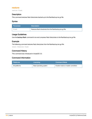 556 | restore ArubaOS 6.3| Reference Guide
restore
restore flash
Description
This command restores flash directories backed up to the flashbackup.tar.gz file.
Syntax
Parameter Description
flash Restores flash directories from the flashbackup.tar.gz file.
Usage Guidelines
Use the backup flash command to tar and compress flash directories to the flashbackup.tar.gz file.
Example
The following command restores flash directories from the flashbackup.tar.gz file:
(host) #restore flash
Command History
This command was introduced in ArubaOS 3.0.
Command Information
Platforms Licensing Command Mode
All platforms Base operating system Enable mode on master controllers
 